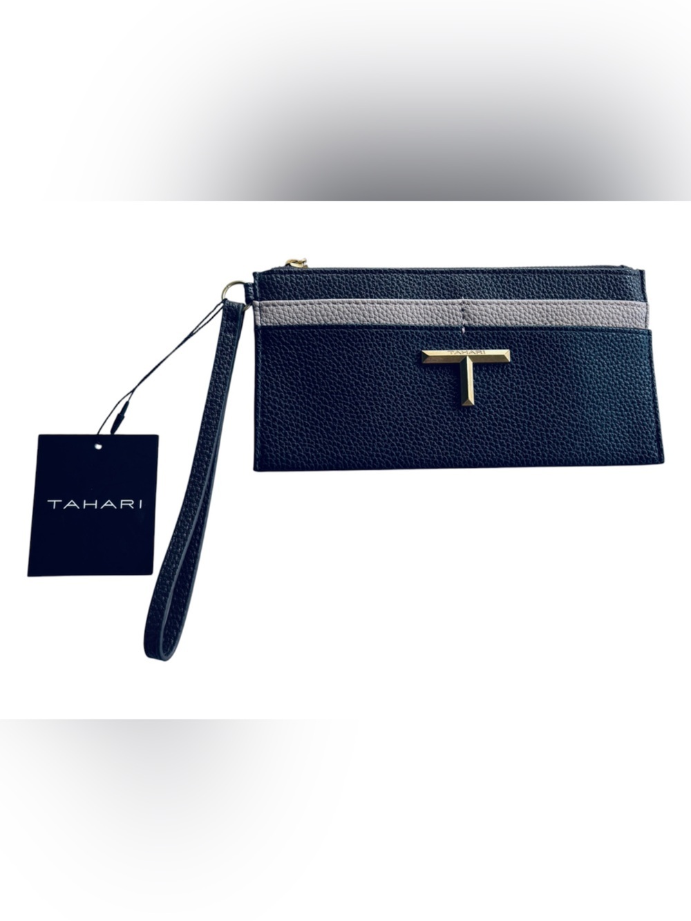 NWT Tahari Tasha Colorblock Wristlet Card Case Wallet Black Taupe